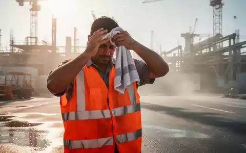 Ein Bauarbeiter wischt sich bei extremer Hitze auf einer Baustelle den Schweiß von der Stirn. - Foto: über boerse-global.de