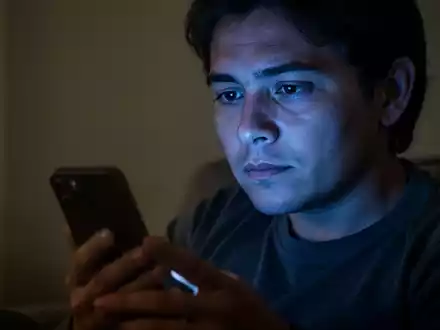 Eine Person sitzt in einem abgedunkelten Raum und schaut nachdenklich auf ihr Smartphone, dessen Licht ihr Gesicht sanft beleuchtet. - Foto: über boerse-global.de