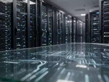 Ein modern beleuchteter Serverraum mit glänzenden Hardware-Racks und subtilen digitalen Reflexionen auf einer Glasoberfläche. - Foto: über boerse-global.de