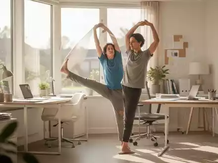 Eine Person macht in einem modernen Büro kurze Dehnübungen als aktive Pause während des Arbeitstages. - Foto: über boerse-global.de