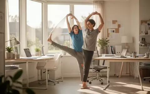 Eine Person macht in einem modernen Büro kurze Dehnübungen als aktive Pause während des Arbeitstages. - Foto: über boerse-global.de