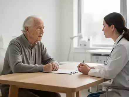 Ein Ă€lterer Patient im GesprĂ€ch mit medizinischem Fachpersonal in einer hellen, professionellen Praxisumgebung. - Foto: ĂŒber boerse-global.de