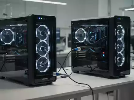 Zwei miteinander vernetzte Hochleistungs-PCs auf einem modernen Schreibtisch in einer professionellen Laborumgebung. - Foto: über boerse-global.de