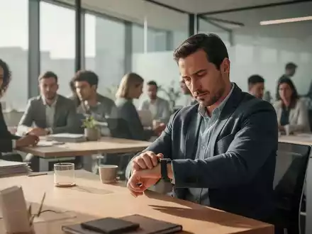 Ein professioneller Arbeiter in einem modernen Büro blickt nachdenklich auf seine Armbanduhr. - Foto: über boerse-global.de