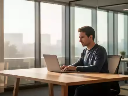 Ein fokussierter Mitarbeiter arbeitet in einem hellen, modern gestalteten Büro bei natürlichem Morgenlicht. - Foto: über boerse-global.de