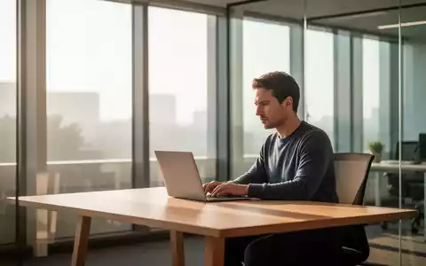 Ein fokussierter Mitarbeiter arbeitet in einem hellen, modern gestalteten Büro bei natürlichem Morgenlicht. - Foto: über boerse-global.de