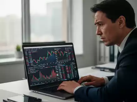 Eine Person betrachtet besorgt Finanzdaten auf einem Laptop in einem modernen Büro. - Foto: über boerse-global.de