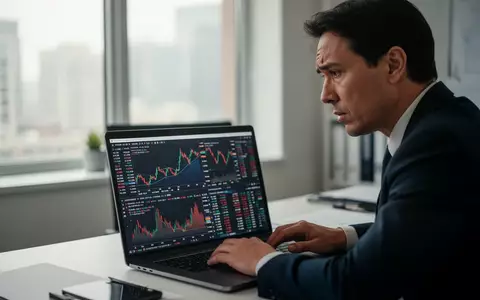 Eine Person betrachtet besorgt Finanzdaten auf einem Laptop in einem modernen BĂĽro. - Foto: ĂĽber boerse-global.de