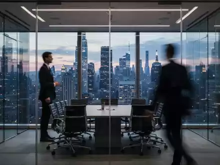 Ein Geschäftsmann steht in einem modernen Büro mit Blick auf ein Finanzviertel bei Dämmerung. - Foto: über boerse-global.de