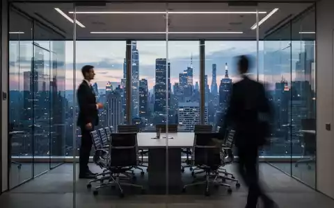Ein Geschäftsmann steht in einem modernen Büro mit Blick auf ein Finanzviertel bei Dämmerung. - Foto: über boerse-global.de