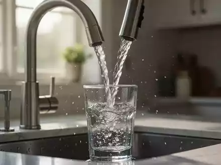 Ein Glas wird unter einem Wasserhahn mit frischem, klarem Leitungswasser gefüllt. - Foto: über boerse-global.de