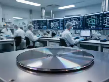 Ein moderner Halbleiter-Forschungslaborraum mit einem Silizium-Wafer im Fokus und Ingenieuren an Computer-Arbeitsplätzen. - Foto: über boerse-global.de