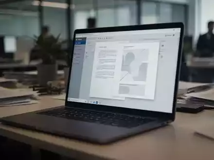 Ein moderner, leicht unaufgeräumter Büroarbeitsplatz mit einem Laptop in einem professionellen Umfeld. - Foto: über boerse-global.de