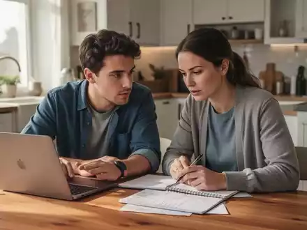 Ein junges Paar sitzt an einem Küchentisch und plant gemeinsam ihre Finanzen und langfristige Sparstrategien. - Foto: über boerse-global.de
