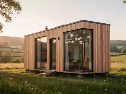Ein minimalistisches Tiny House in einer ruhigen, sonnigen Naturlandschaft als Symbol für kosteneffizientes Wohnen. - Foto: über boerse-global.de