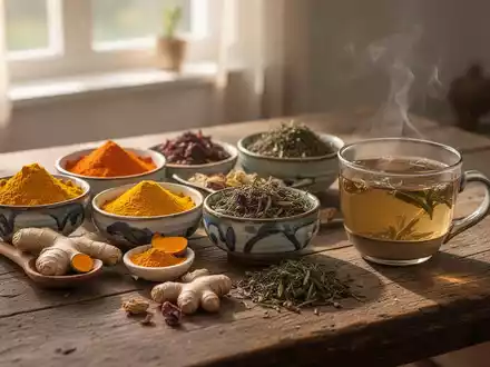 Schalen mit frischen ayurvedischen Gewürzen und Kräutern sowie eine Tasse Kräutertee auf einem Holztisch in hellem Licht. - Foto: über boerse-global.de