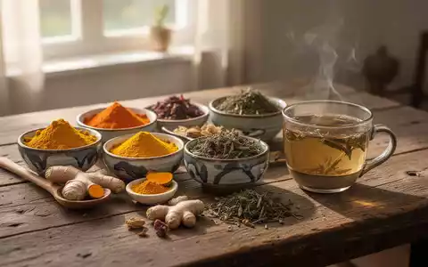 Schalen mit frischen ayurvedischen Gewürzen und Kräutern sowie eine Tasse Kräutertee auf einem Holztisch in hellem Licht. - Foto: über boerse-global.de