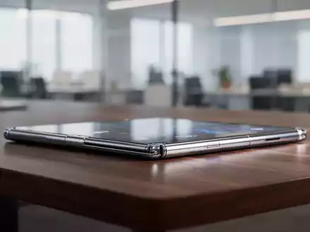 Ein faltbares Smartphone mit schlankem Design liegt auf einem dunklen Holztisch in einer modernen Büroumgebung. - Foto: über boerse-global.de