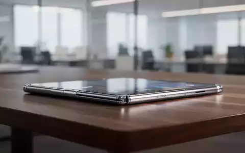Ein faltbares Smartphone mit schlankem Design liegt auf einem dunklen Holztisch in einer modernen Büroumgebung. - Foto: über boerse-global.de