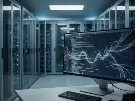 Ein modern ausgestatteter Serverraum mit blauem Umgebungslicht und einem Monitor, der komplexe Code-Strukturen anzeigt. - Foto: über boerse-global.de