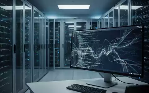 Ein modern ausgestatteter Serverraum mit blauem Umgebungslicht und einem Monitor, der komplexe Code-Strukturen anzeigt. - Foto: über boerse-global.de