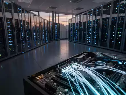 Moderne Server-Racks in einem Rechenzentrum mit blauen LED-Anzeigen und Glasfaserkabeln in einer professionellen Umgebung. - Foto: über boerse-global.de