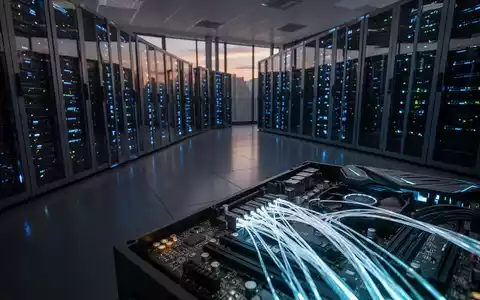Moderne Server-Racks in einem Rechenzentrum mit blauen LED-Anzeigen und Glasfaserkabeln in einer professionellen Umgebung. - Foto: über boerse-global.de