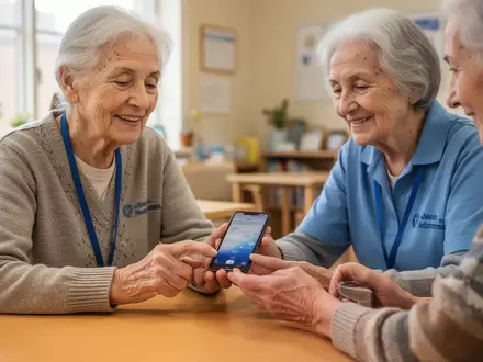 Eine ehrenamtliche Helferin erklärt einer Seniorin geduldig die Bedienung eines Smartphones in einem hellen Gemeindezentrum. - Foto: über boerse-global.de