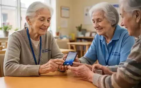 Eine ehrenamtliche Helferin erklärt einer Seniorin geduldig die Bedienung eines Smartphones in einem hellen Gemeindezentrum. - Foto: über boerse-global.de
