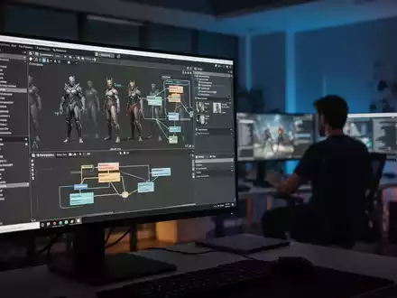 Ein moderner Arbeitsplatz in einem Spieleentwicklungsstudio mit einem Computerbildschirm, der komplexe Spielgrafiken zeigt. - Foto: ĂŒber boerse-global.de
