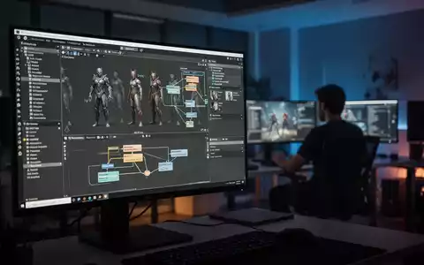 Ein moderner Arbeitsplatz in einem Spieleentwicklungsstudio mit einem Computerbildschirm, der komplexe Spielgrafiken zeigt. - Foto: über boerse-global.de
