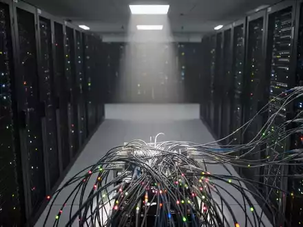 Nahaufnahme von Glasfaserkabeln und blinkenden Status-LEDs in einem modernen Serverraum, die die IT-Infrastruktur symbolisieren. - Foto: über boerse-global.de
