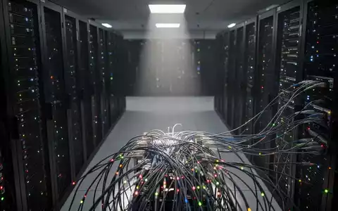 Nahaufnahme von Glasfaserkabeln und blinkenden Status-LEDs in einem modernen Serverraum, die die IT-Infrastruktur symbolisieren. - Foto: über boerse-global.de