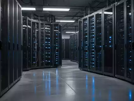 Ein moderner Serverraum mit dunklen Serverschränken und blau leuchtenden Status-LEDs in einer professionellen IT-Umgebung. - Foto: über boerse-global.de