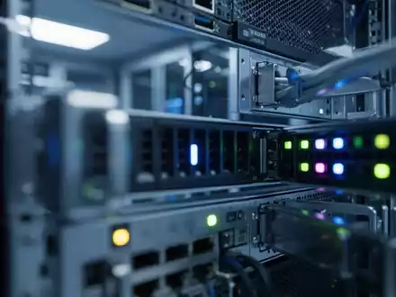 Ein Serverraum mit blau beleuchteter Hardware und blinkenden Statusleuchten zur Visualisierung von IT-Sicherheit. - Foto: über boerse-global.de