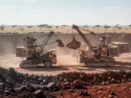 Große Baumaschinen auf einem Bergbaugelände in einer sonnigen Savannenlandschaft. - Foto: über boerse-global.de
