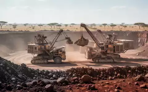 Große Baumaschinen auf einem Bergbaugelände in einer sonnigen Savannenlandschaft. - Foto: über boerse-global.de