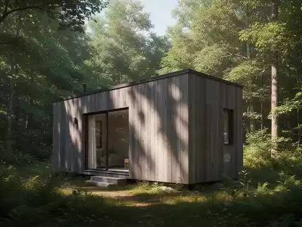 Ein minimalistisches Tiny House in einem Waldstück bei natürlichem Tageslicht. - Foto: über boerse-global.de