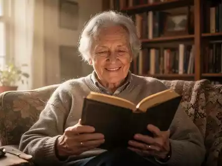 Eine ältere Person liest konzentriert und lächelnd ein Buch in einem sonnendurchfluteten Raum. - Foto: über boerse-global.de
