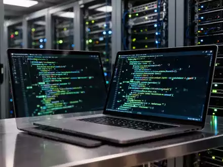 Nahaufnahme von Server-Hardware und einem Laptop mit Code-Anzeige, die eine technologische Sicherheitslücke symbolisiert. - Foto: über boerse-global.de