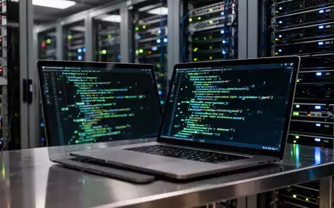 Nahaufnahme von Server-Hardware und einem Laptop mit Code-Anzeige, die eine technologische Sicherheitslücke symbolisiert. - Foto: über boerse-global.de