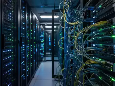 Ein moderner Serverraum mit leuchtenden Datenkabeln und Hardware-Racks in einer professionellen, technologischen Umgebung. - Foto: über boerse-global.de