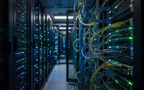 Ein moderner Serverraum mit leuchtenden Datenkabeln und Hardware-Racks in einer professionellen, technologischen Umgebung. - Foto: über boerse-global.de