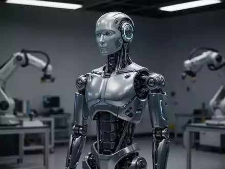 Ein fortschrittlicher humanoider Roboter in einem technologischen Forschungslabor unter stimmungsvoller Beleuchtung. - Foto: über boerse-global.de