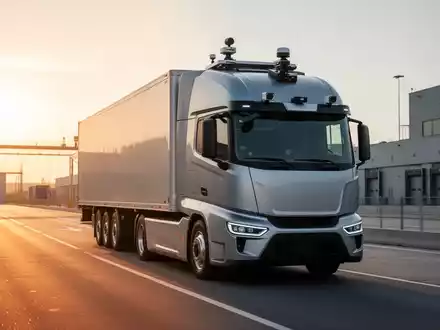 Ein autonomer Elektro-Lkw auf einem modernen Logistikgelände bei Sonnenuntergang. - Foto: über boerse-global.de