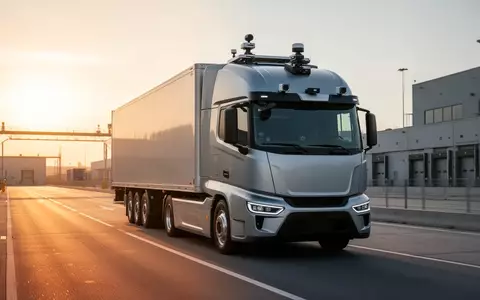 Ein autonomer Elektro-Lkw auf einem modernen Logistikgelände bei Sonnenuntergang. - Foto: über boerse-global.de