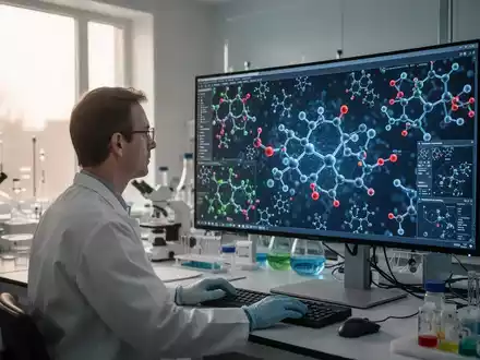 Ein Forscher betrachtet komplexe molekulare Strukturen auf einem Monitor in einem modernen, klinischen Labor. - Foto: über boerse-global.de