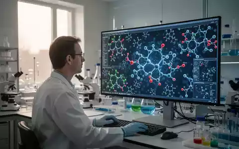 Ein Forscher betrachtet komplexe molekulare Strukturen auf einem Monitor in einem modernen, klinischen Labor. - Foto: über boerse-global.de
