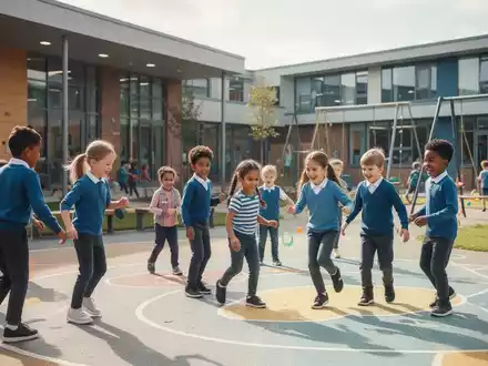 Grundschulkinder spielen gemeinsam auf einem Schulhof bei Tageslicht. - Foto: über boerse-global.de