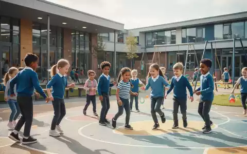 Grundschulkinder spielen gemeinsam auf einem Schulhof bei Tageslicht. - Foto: über boerse-global.de